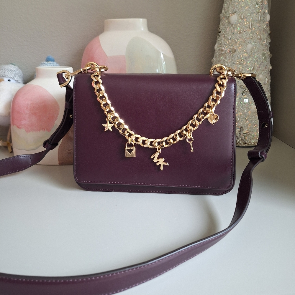NWT Michael Kors Mott Large Charm Swag Shoulder Bag Damson leather gold chain